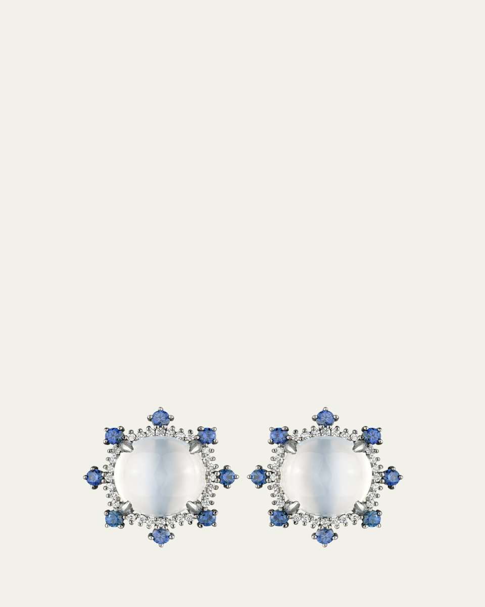 18K White Gold Victorian Cat's Eye Moonstone Stud Earrings with Diamonds and Sapphires, 10mm